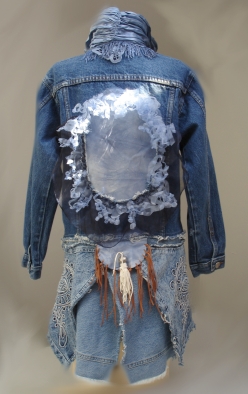 Denim, Silk Chaarmeuse, organza, leather, and metal coins